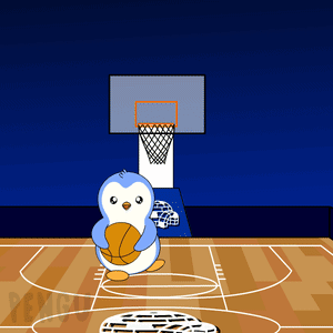 A Cartoon Of A Penguin Holding A Basketball On A Court GIF