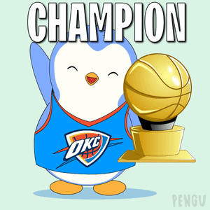 A Cartoon Of A Penguin Holding A Basketball Trophy That Says Champion GIF