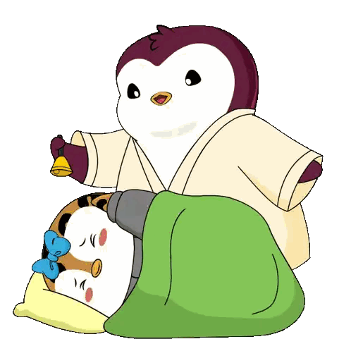 A Cartoon Of A Penguin Holding A Bell Next To A Sleeping Cat Sticker