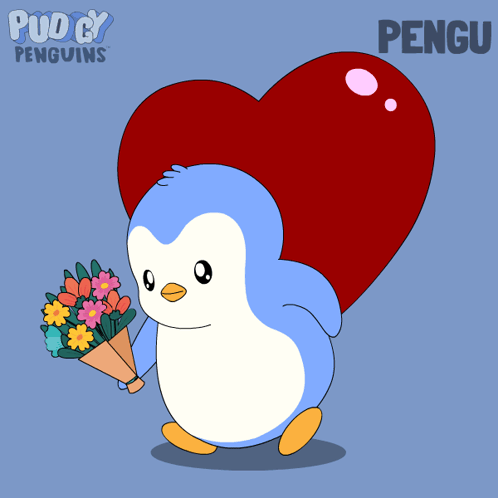 a cartoon of a penguin holding a bouquet of flowers and a heart