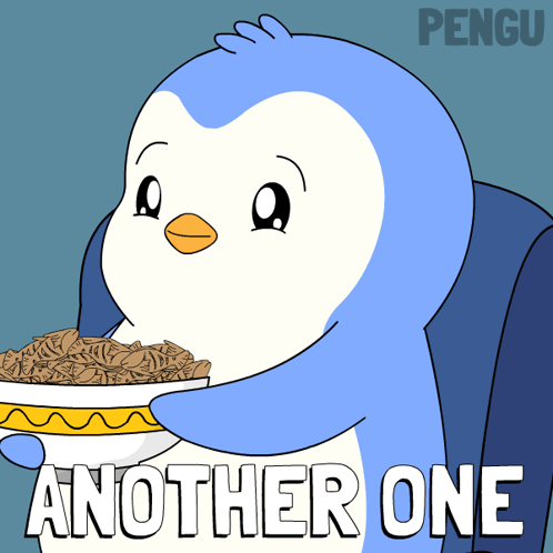 A Cartoon Of A Penguin Holding A Bowl Of Cereal With Another One Written Below It GIF
