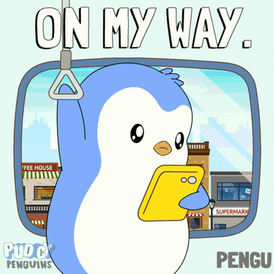 A Cartoon Of A Penguin Holding A Cell Phone With On My Way Written Above It GIF
