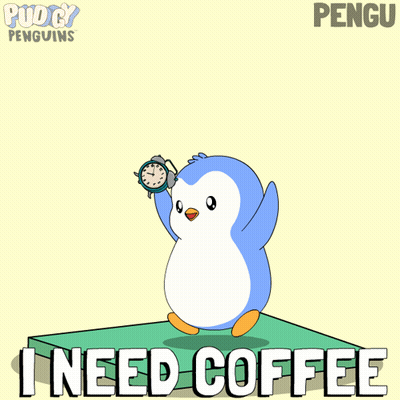 A Cartoon Of A Penguin Holding A Clock And The Words " I Need Coffee " GIF