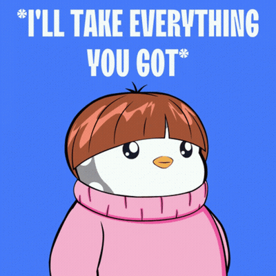 A Cartoon Of A Penguin Holding A Credit Card With The Words " I 'Ll Take Everything You Got " GIF