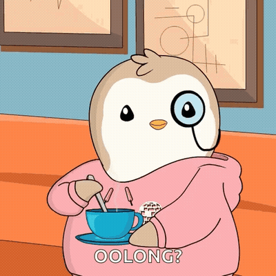 A Cartoon Of A Penguin Holding A Cup Of Coffee With The Words Oolong On The Bottom Right GIF
