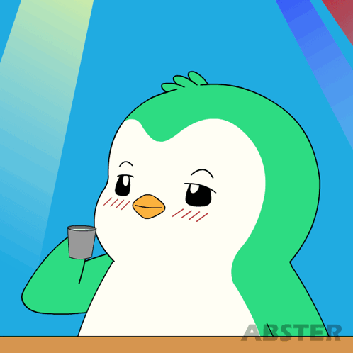 A Cartoon Of A Penguin Holding A Cup With The Word Aster On The Bottom Right GIF