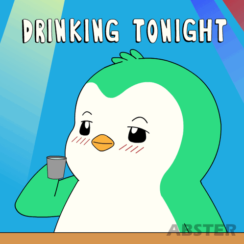 A Cartoon Of A Penguin Holding A Cup With The Words Drinking Tonight Above It GIF