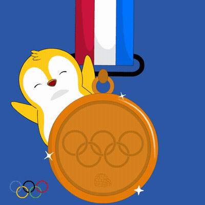 A Cartoon Of A Penguin Holding A Gold Medal With The Olympic Rings On It GIF