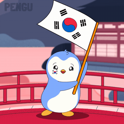 A Cartoon Of A Penguin Holding A Korean Flag With The Word Pengu On The Bottom Right GIF