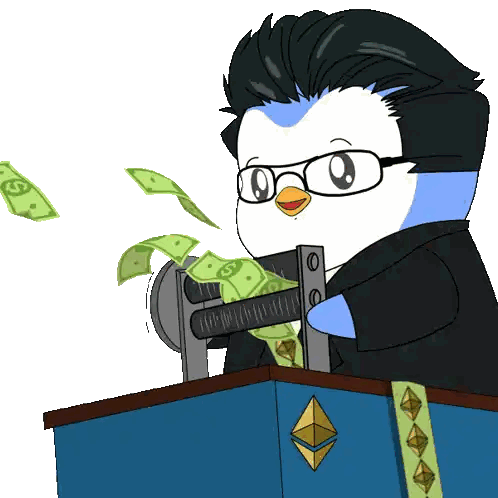 A Cartoon Of A Penguin Holding A Machine That Has A Dollar Bill On It Sticker