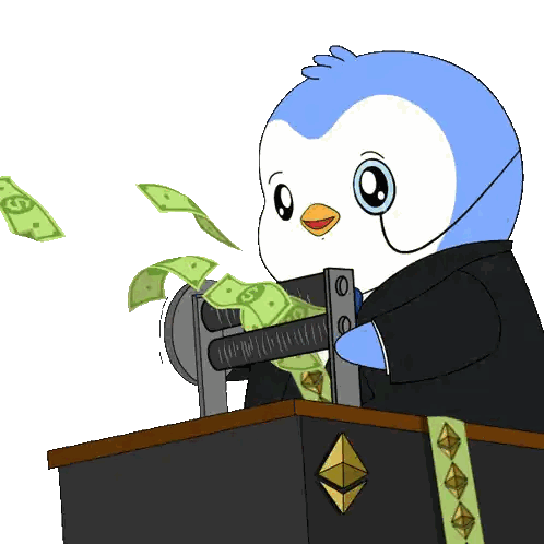 A Cartoon Of A Penguin Holding A Machine That Says $ Sticker
