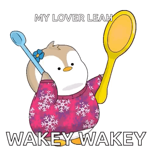 A Cartoon Of A Penguin Holding A Mirror And Saying My Lover Leah Wakeywakey GIF