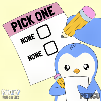 A Cartoon Of A Penguin Holding A Pencil Next To A Paper That Says Pick One GIF
