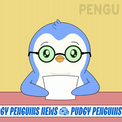 A Cartoon Of A Penguin Holding A Piece Of Paper With The Words " Pudgy Penguins News " Below It GIF