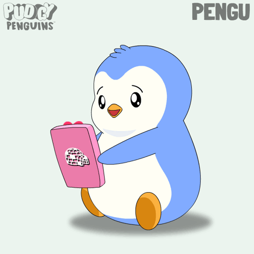 A Cartoon Of A Penguin Holding A Pink Box With The Name Pengu On It GIF