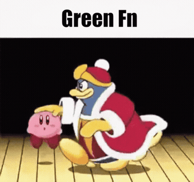 A Cartoon Of A Penguin Holding A Pink Kirby With The Words Green Fn Above Him GIF