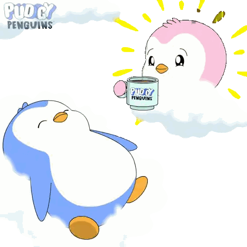 A Cartoon Of A Penguin Holding A Puddy Penguins Cup Sticker
