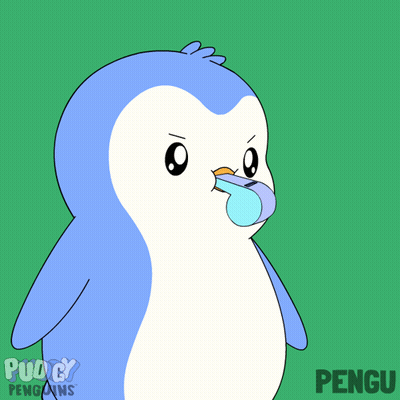 A Cartoon Of A Penguin Holding A Red Card That Says Pengu On It GIF