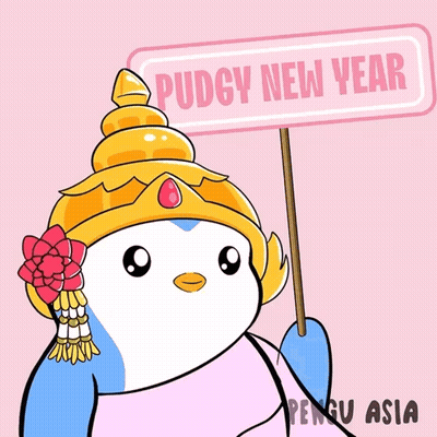 A Cartoon Of A Penguin Holding A Sign That Says " Pudgy New Year " GIF
