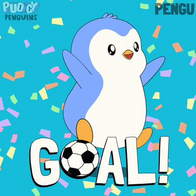 A Cartoon Of A Penguin Holding A Soccer Ball With The Words Goal Behind It GIF