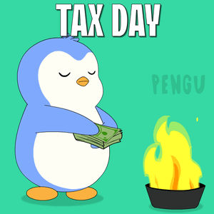 A Cartoon Of A Penguin Holding A Stack Of Money With The Words Tax Day Behind Him GIF