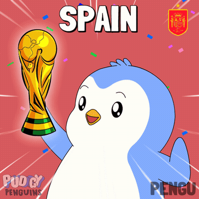 A Cartoon Of A Penguin Holding A Trophy With The Word Spain Behind It GIF