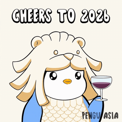 A Cartoon Of A Penguin Holding A Wine Glass With The Words Cheers To 2026 GIF