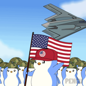 A Cartoon Of A Penguin Holding An American Flag With The Word Penny In The Corner GIF