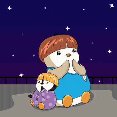 A Cartoon Of A Penguin Holding Another Penguin With A Starry Sky In The Background GIF