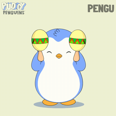 A Cartoon Of A Penguin Holding Maracas With The Name Pengu Written Below It GIF