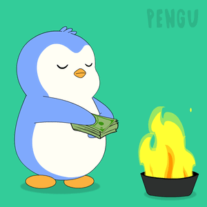 A Cartoon Of A Penguin Holding Money Next To A Fire With The Word Pengu On The Bottom GIF