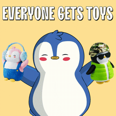 A Cartoon Of A Penguin Holding Two Stuffed Penguins With The Words Everyone Gets Toys Below It GIF