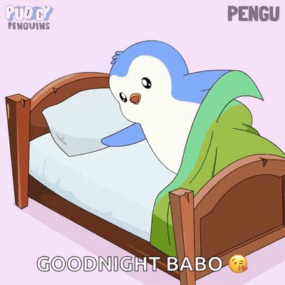A Cartoon Of A Penguin In A Bed With The Words Goodnight Babo On The Bottom GIF