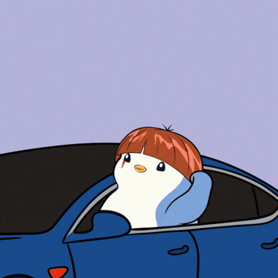 A Cartoon Of A Penguin In A Blue Car With Red Hair GIF