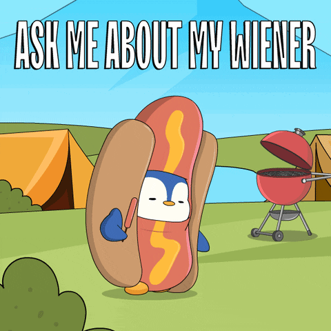 A Cartoon Of A Penguin In A Hot Dog With The Words Ask Me About My Wiener Above It GIF