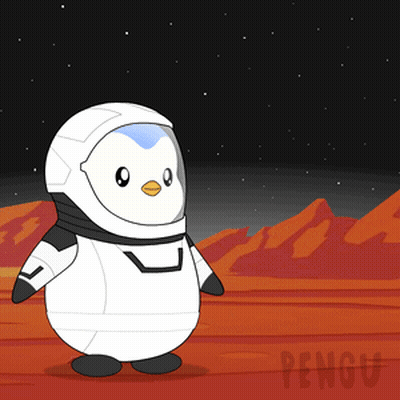 A Cartoon Of A Penguin In A Space Suit With The Word Pengu On The Bottom GIF