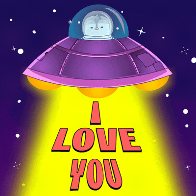 A Cartoon Of A Penguin In A Spaceship With The Words " I Love You " Above It GIF