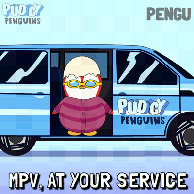 A Cartoon Of A Penguin In A Van With The Words Mpv At Your Service On The Bottom GIF