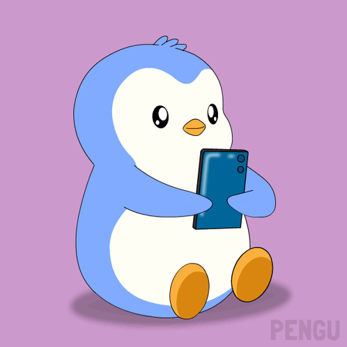 A Cartoon Of A Penguin Laughing While Holding A Phone GIF