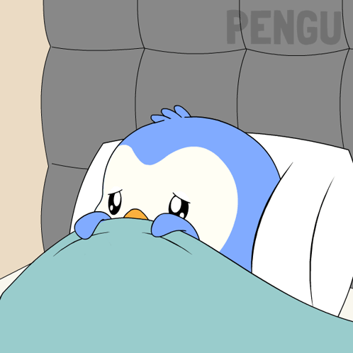 A Cartoon Of A Penguin Laying In A Bed With The Word Pengu On The Bottom GIF