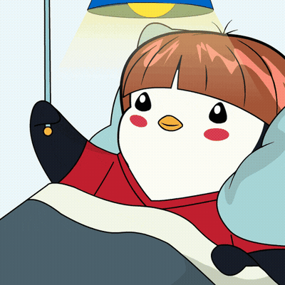 A Cartoon Of A Penguin Laying In Bed With A Light On GIF