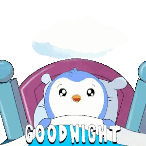 A Cartoon Of A Penguin Laying In Bed With The Words " Good Night " On The Bottom Sticker