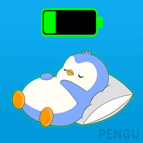 A Cartoon Of A Penguin Laying On A Pillow With A Battery Behind It That Says Pengu GIF