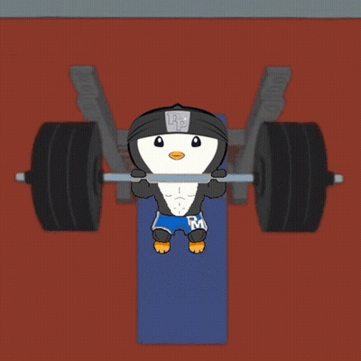 A Cartoon Of A Penguin Lifting A Barbell With The Letter R On The Shorts GIF