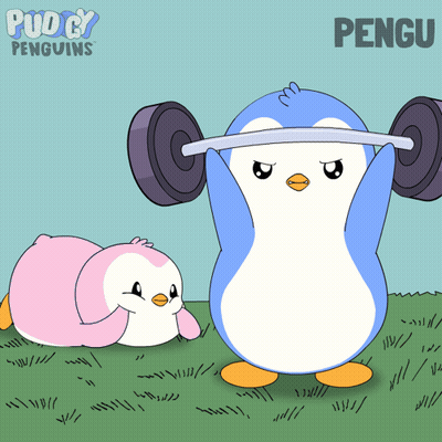 A Cartoon Of A Penguin Lifting A Dumbbell With The Name Pengu Behind It GIF