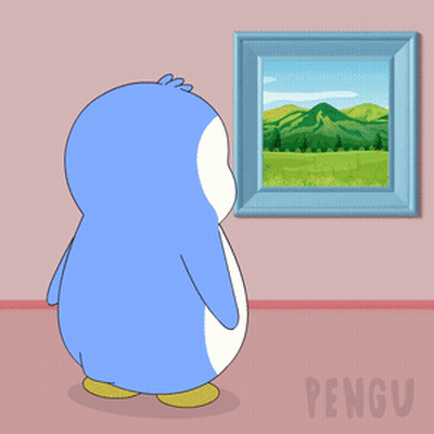 A Cartoon Of A Penguin Looking At A Picture On A Pink Wall GIF