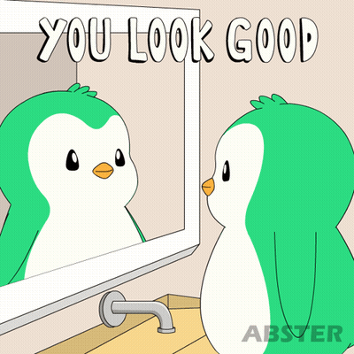 A Cartoon Of A Penguin Looking At Itself In A Mirror With The Words " You Look Good " Below It GIF