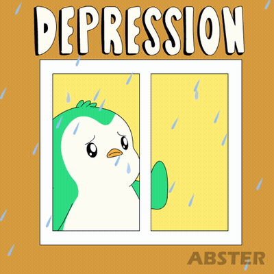 A Cartoon Of A Penguin Looking Out Of A Window With The Word Depression Written Above It GIF