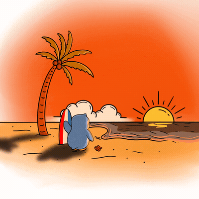 A Cartoon Of A Penguin On A Beach With A Surfboard GIF