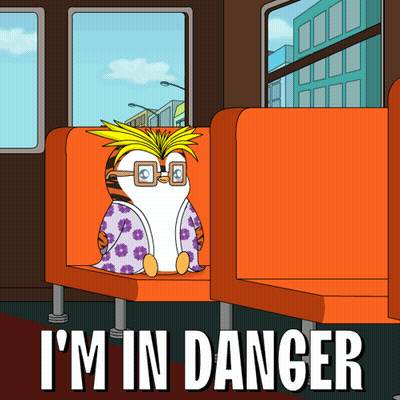 A Cartoon Of A Penguin On A Bus With The Words " I 'M In Danger " Below It GIF